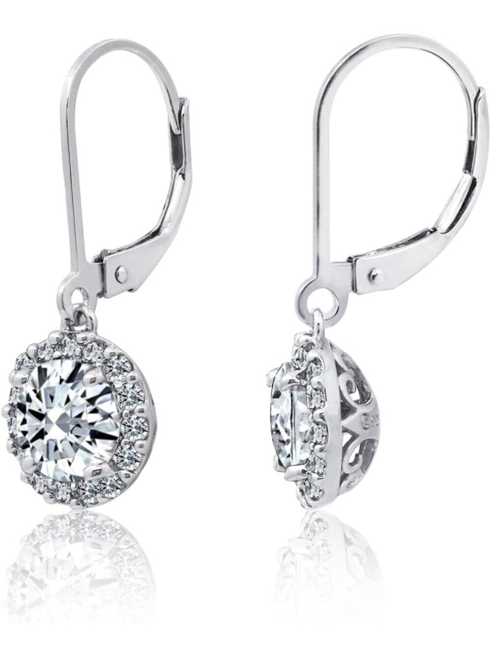 Elegant Sterling Silver Halo Drop Earrings with Cubic Zirconia, Platinum Plated